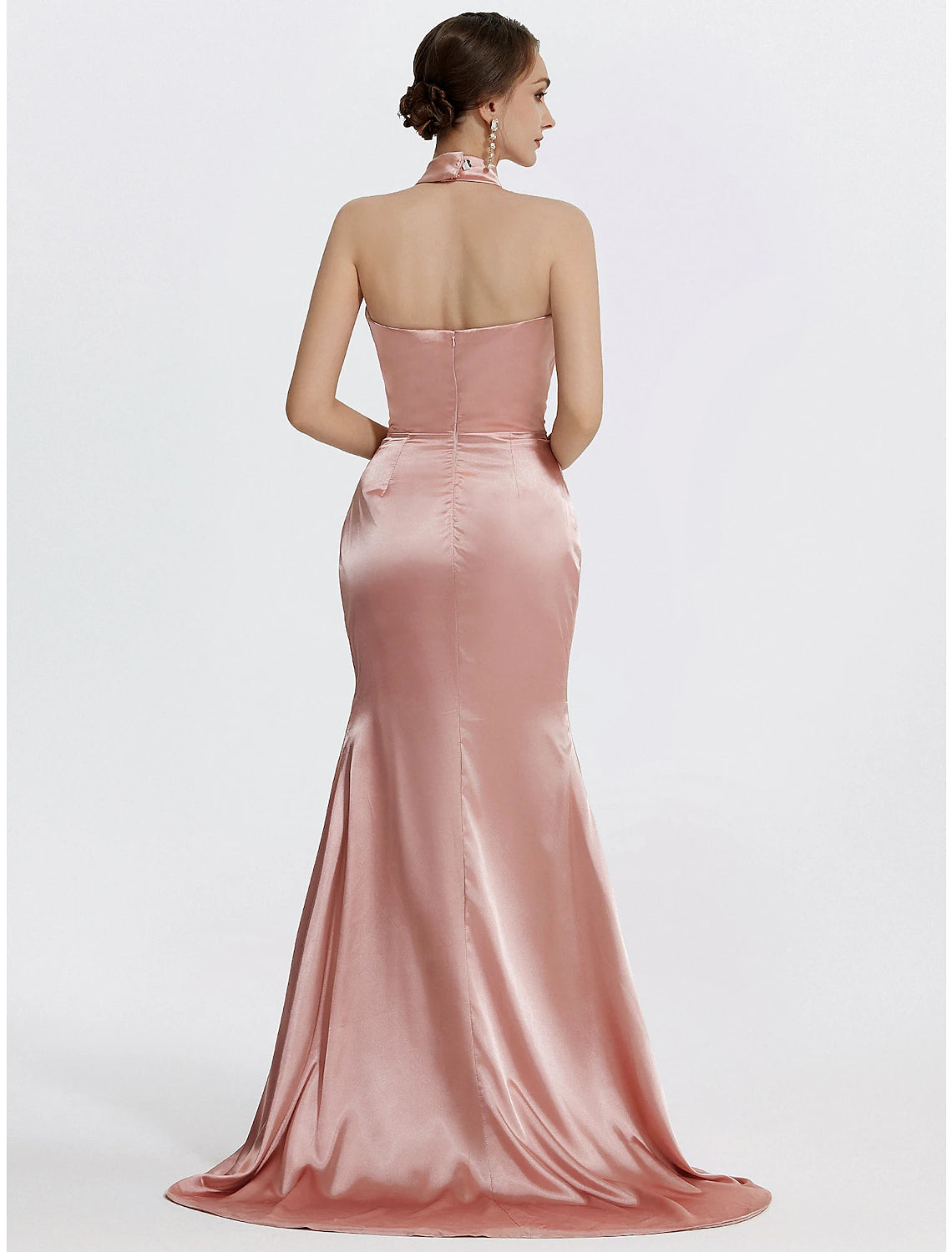 Meerjungfrau/Trompete Ballkleider High Waisted Kleid Abend Party Black Tie Bodenlang Ärmellos Neckholder Satin mit Rüschen